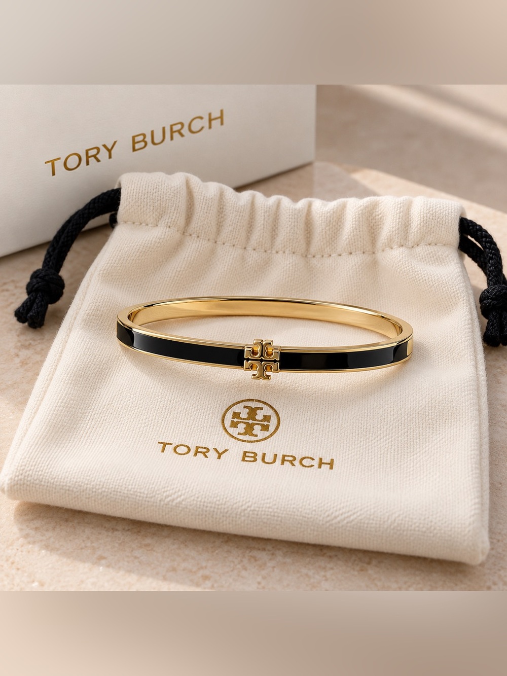 Tory Burch Black and Gold Enamel Logo Bangle